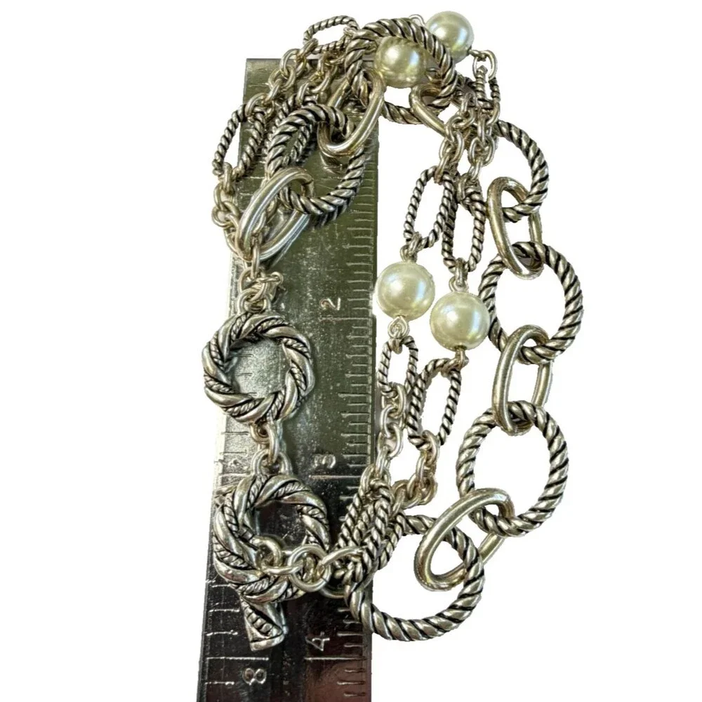 Vintage Chunky Rope Chain Toggle Bracelet Faux Pearl Charm Silver Tone Coastal